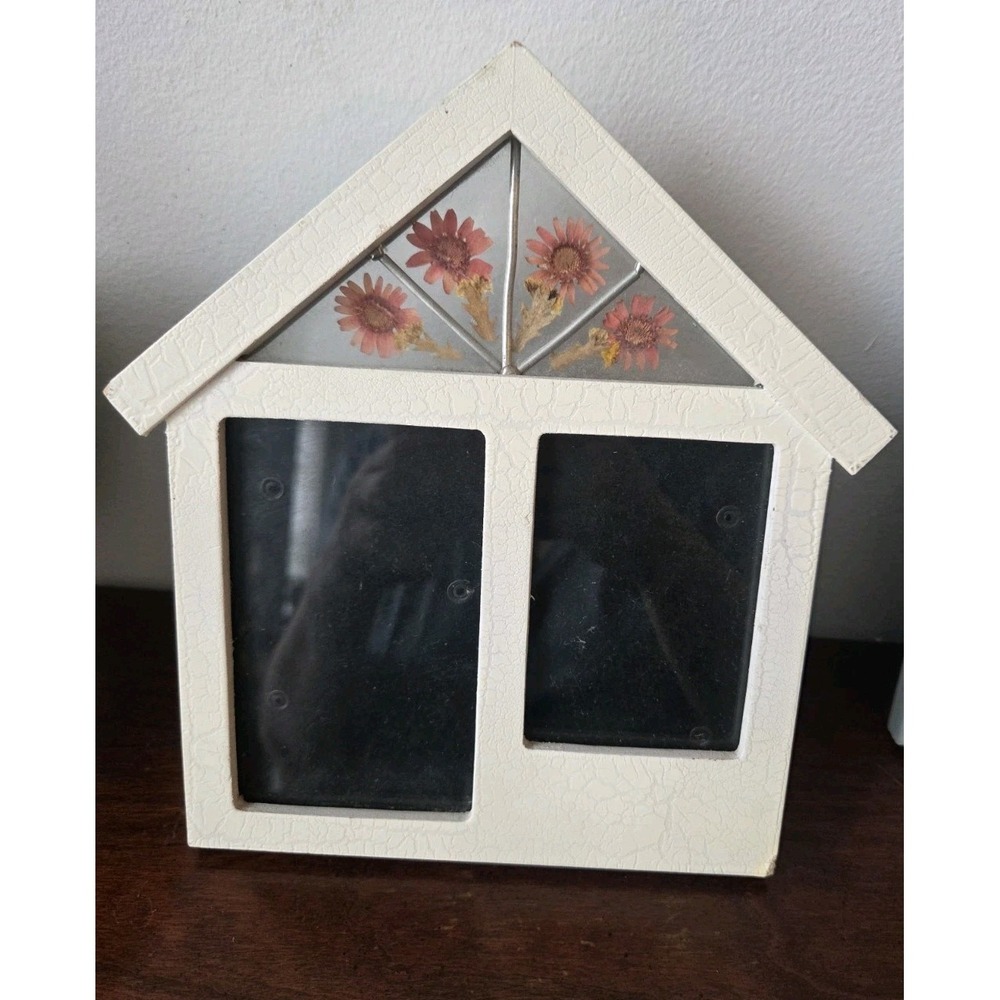 Vintage Photo Frame House Shaped Dried Pressed Flowers G1ass Holds 2 Pictures